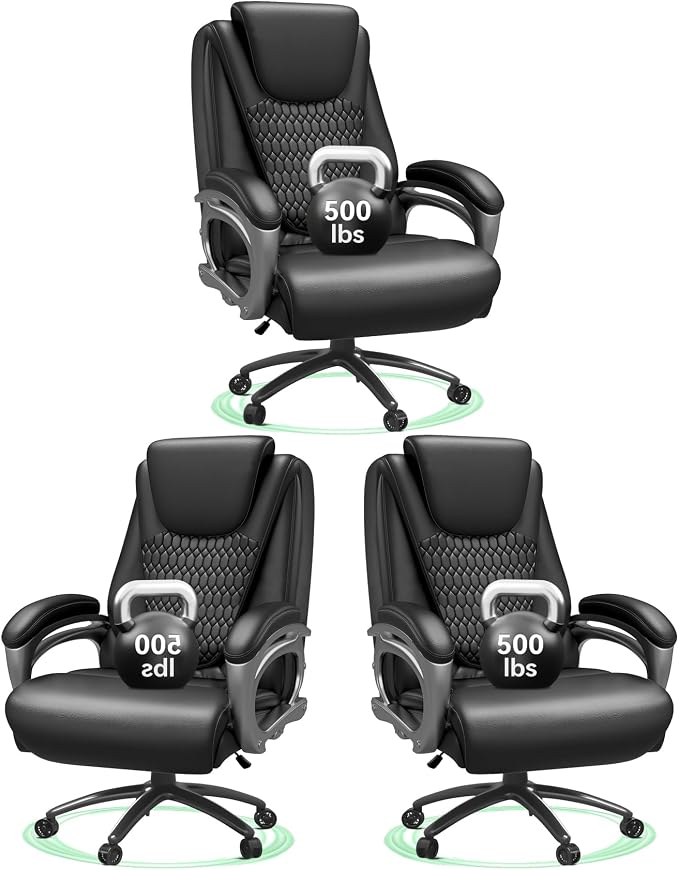 Vogue Furniture Direct Big and Tall Office Chair 500lbs Set of 3, Heavy Duty High Back PU Leather Desk Chair, Adjustable Height Rolling Wheels Computer Chair for Home Office Work (Black)