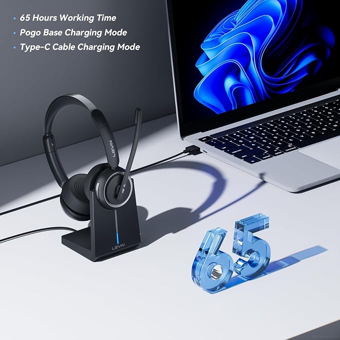Wireless Headset with Mic for Work, Bluetooth Headset with Microphone (Noise Cancelling & Mute Button), Wireless Headphones with Mic for Work from Home/Office/PC/Call Center/Computer/Laptop/Teams/Zoom