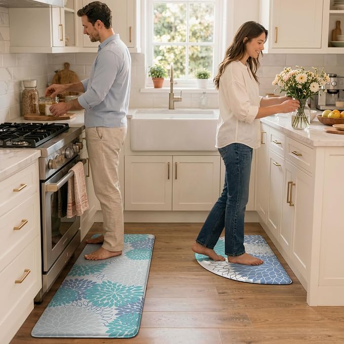 KIMODE Half Circle Anti Fatigue Mats for Kitchen Floor Rug Sets of 2 | 18"x28+18"x47",Blue White,Dahlia Floral Boho,Kitchen Rug 2pcs,Non Slip,Waterproof,for Sink Office Laundry Bathroom Decor