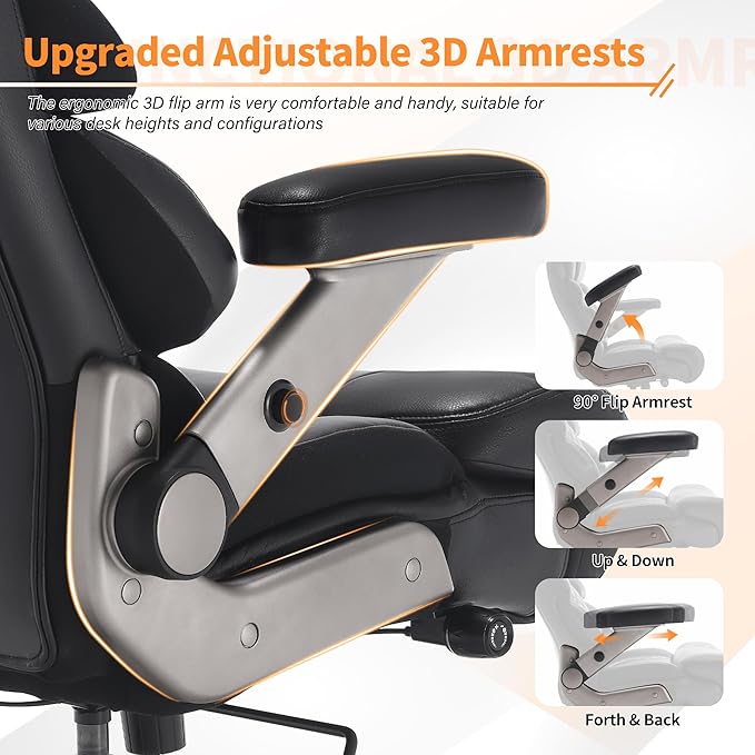 VUZI 700lbs Big and Tall Office Chair, Large Executive Leather Desk Chair | Adjustable Lumbar Support for Back Pain, Plus Size Wheels, 3D Flip Arms, Heavy Duty Metal Base, Wide Seat Computer Chair