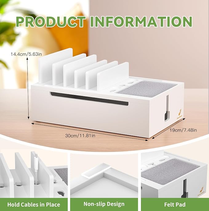 Pezin & Hulin Bamboo Charging Station-White (No USB Charger and Cables) | Electronic Devices Organizer for Multiple Devices Charger Such As Cell Phone, Tablet, Watch and More