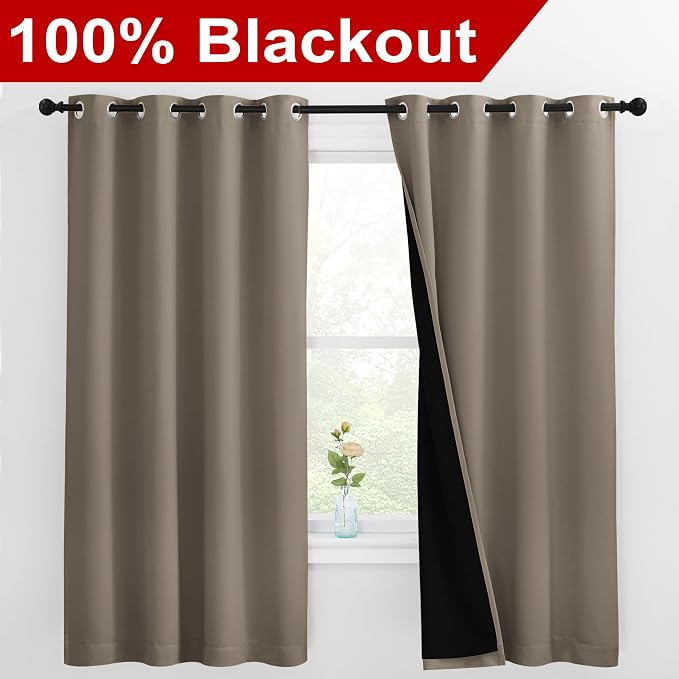NICETOWN 100% Blackout Curtains with Black Liners, Thermal Insulated Full Blackout 2-Layer Lined Drapes, Energy Efficiency Window Draperies for Bedroom (Taupe, 2 Panels, 55-inch W by 68-inch L)