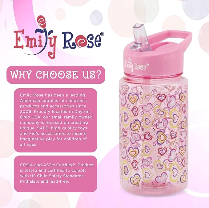 Emily Rose Girls School Set 3-PC Complete Bundle - Insulated Lunch Box + Backpack + Water Bottle with Notebook & Pencils - Ages 3-7 Back to School Supplies BPA Free Pink Hearts