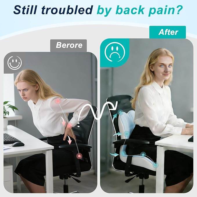 Seat Cushion for Office Chair and Car, Lumbar Support Pillow for Office Chair, Memory Foam Ergonomic Seat Cushion for Long Sitting, Back & Tailbone Pain, Sciatica - Blue & Gray