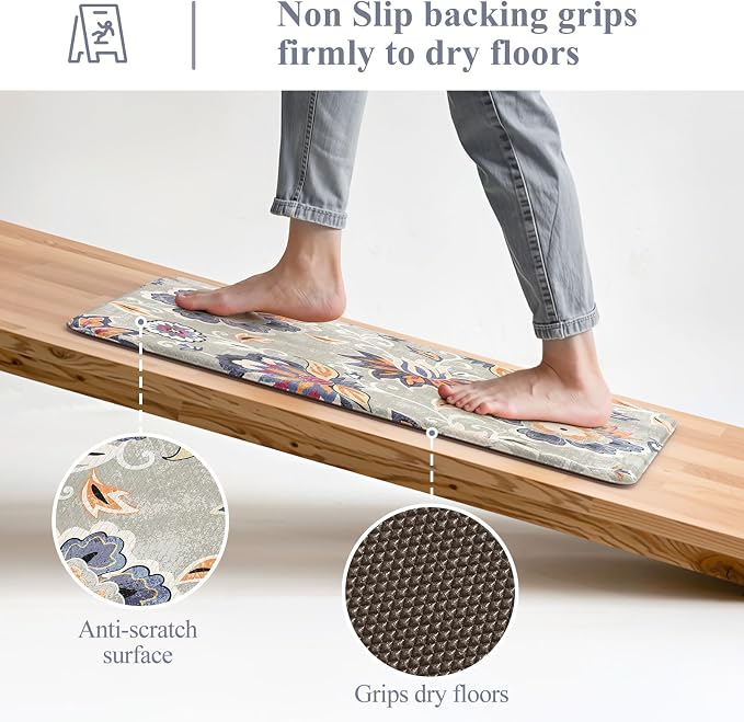 LEEVAN Anti Fatigue Kitchen Mats for Floor, Cushioned Kitchen Mat Set 2PCS | 17.3"x29"+17.3"x59", Boho Floral Blue Gray Kitchen Rugs Non-Slip, Waterproof Ergonomic Standing Mat for Laundry, Office, Sink
