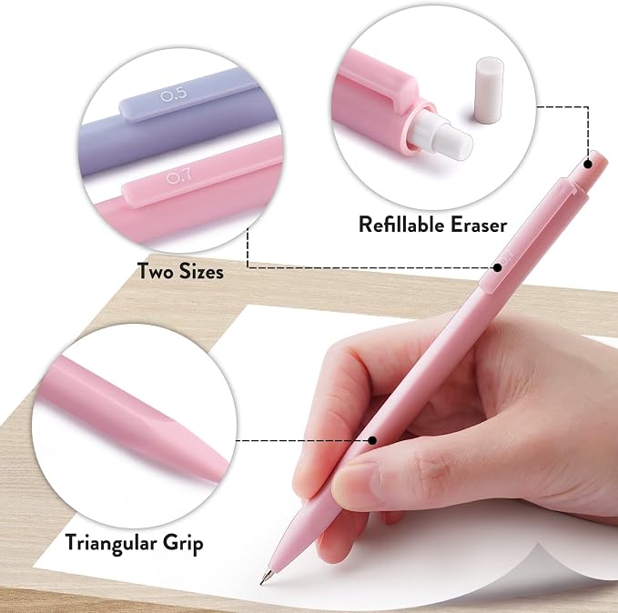 Four Candies Cute Mechanical Pencil Set, 6PCS Pastel Mechanical Pencils 0.5 & 0.7mm with 360PCS HB Leads, 3PCS Erasers and 9PCS Eraser Refills, Aesthetic School Supplies for Girls Writing