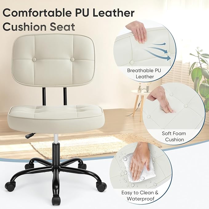 DUMOS Armless Office Desk Chair, Small Vanity Chair with Wheels | PU Leather, Computer Rolling Task, Height Adjustable, Bedroom Living Room, Ivory White