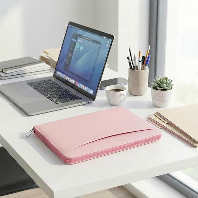 OOWOLF Padfolio Portfolio Folder, PU Leather Professional with 1 inch 3 Ring Binder 8.5 x 11 Letter Size Writing Pad Interview Resume Document Organizer Business Card Holder Zippered Closure Pink