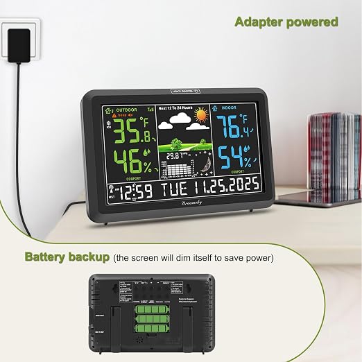DreamSky Weather Station Indoor Outdoor Thermometer Wireless, Atomic Clock | Digital Large Display with Backlight Dimmer, USB Port, Inside Outside Temperature Humidity Monitor for Home (Plug-in)
