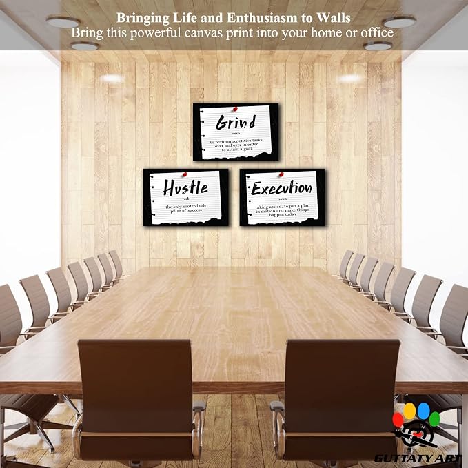 Office Wall Art - 3 Panel Motivational Wall Art, Inspirational Quotes Canvas Art for Home Office Wall Decor, Positive Quotes Wall Decor, Entrepreneur Grind Hustle Execution Poster Frame (24”x36”x3Pcs)