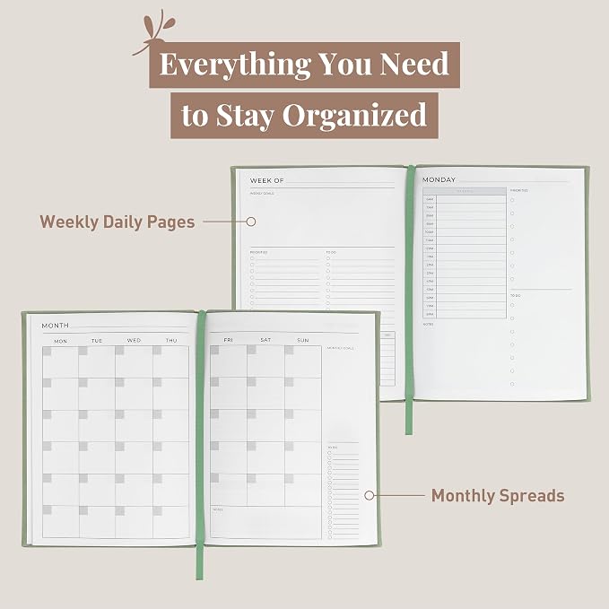 Rileys & Co Undated Daily Planner 8 x 6 in, Day Schedule Planner & Agenda Book, Journal with Goal & Habit Tracker, No Dates Dateless Annual Organizer for Work, School & Home - Green