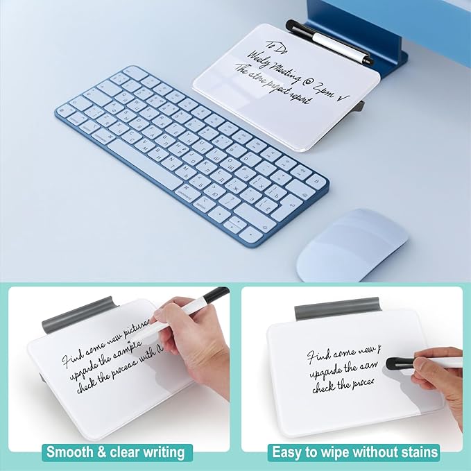 Small Desktop Whiteboard 8x6 inch - Glass Dry Erase Board with Stand, Reusable Desk Memo Notice Notepad with Marker for Home Office Adult School Teacher Student Easy Notes Taking