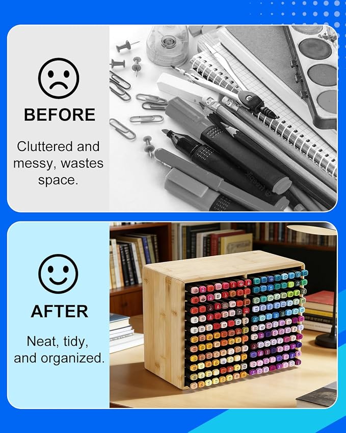 UCEC Bamboo Marker Organizer for 176 Markers, 11-Tier Desktop Marker Storage Rack with 22 Wide Compartments, Stackable Alcohol Pen Holder for Artists, Classroom, Studio Decor