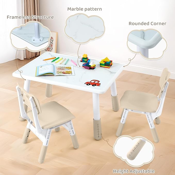 DOREROOM Toddler Table and 2 Chairs Set, Marble Top, No-Screw Legs, Natural | Graffiti Desktop, 31.5"L x 23.6"W, Frameless, Kids Ages 3-8, FSC-certified, Children Activity for Daycare, Classroom, Home