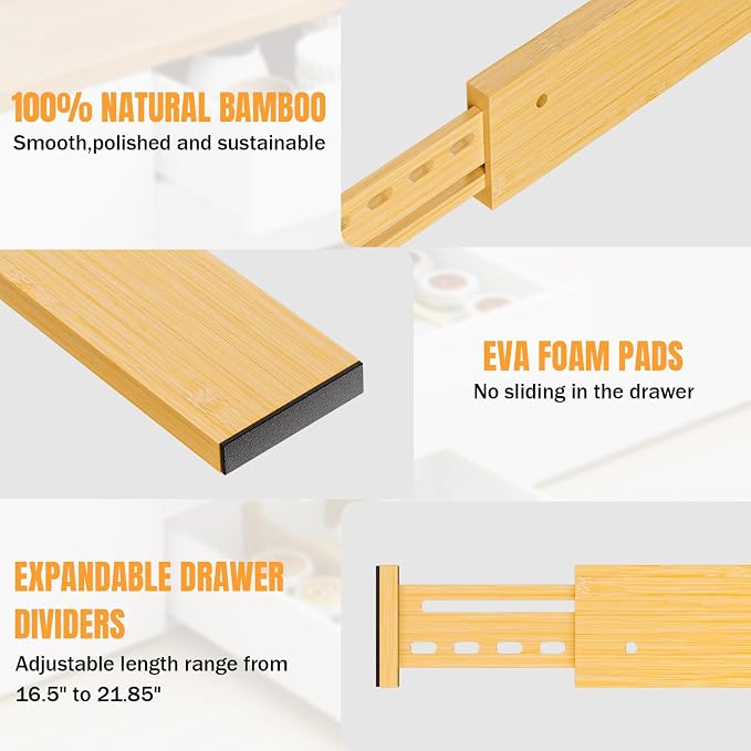 Bamboo Drawer Dividers, 4" High Drawer Organizers for Clothes/Utensils | 16.5-21.8" Expandable Wooden Drawer Separators for Dresser, Kitchen, Bathroom, Nursery, Office Organization & Storage, 4 Pack