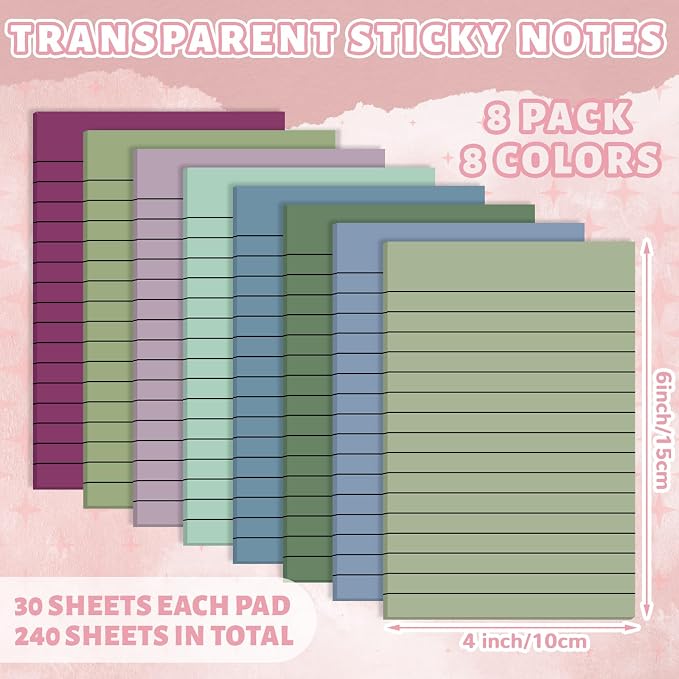 Yinder 8 Pack Colored Transparent Sticky Notes Translucent Clear Lined Self Sticky Notes, Back to School Gift Bible Tab for Planners, School Supplies Office, 30 Sheets/Pack, 4 x 6'' (Morandi Color)