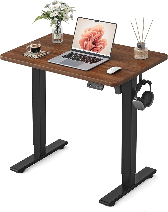 FEZIBO Small Standing Desk, 32 × 19 Inches Electric Height Adjustable, Sit and Stand Up, Computer Office Desk with Splice Board, Black Frame/Black Walnut Top