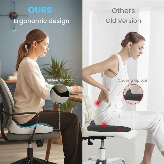Seat Cushion, Memory Foam for Sit Bone and Back Pain Relief | Dual-Hole Ventilation, Coccyx,Sciatica and Tailbone Hip Relief ,Posture Support ,Office Chair and Car Seat,Home Use