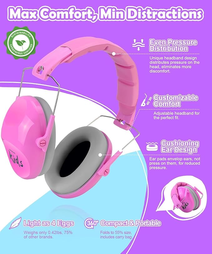 PROHEAR 032 2.0 Noise Cancelling Headphones for Kids - 25dB Noise Reduction - Adjustable Sensory Ear Protection Muffs for Concert, Fireworks, Monster Truck Shows, School - Princess Pink