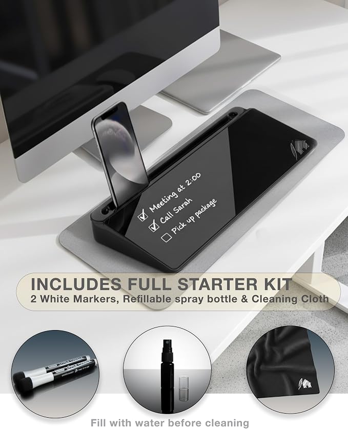 Black Glass Desktop Whiteboard – Modern Dry Erase Board with Storage Drawer for Desk Notes & Organization