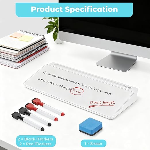 Glass Desktop Whiteboard with Storage, Desk Dry Erase Board Small White Board for Desk, Computer Keyboard Stand Includes 4 Markers, 1 Eraser for Office, Home, School Supplies