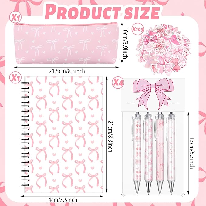 Pink Bow Stationery Gift Coquette School Supplies Set Include Pens Aesthetic Journal Notebook Pencil Case and Stickers Pink Bow Preppy Back to School Supplies for Girl Students