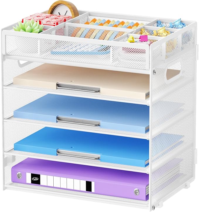 Marbrasse 5 Tier Paper Organizer, Mesh Desk Letter Tray with Handle,White | Paper Sorter Desk Organizer for Letter/A4 Office File Folder Holder Home Office Supplies
