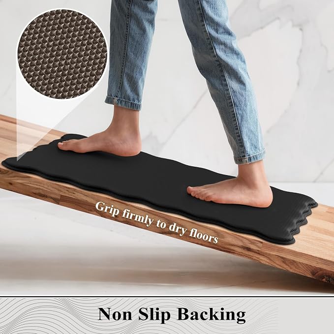 KIMODE Scalloped Kitchen Mats for Floor Cushioned Anti Fatigue Black Wavy | Paded Kitchen Floor Mat Non Slip,Farmhouse Kitchen Rugs Sink Sets of 2 Comfort Memory Foam Carpet for Office Laundry Dorm RV