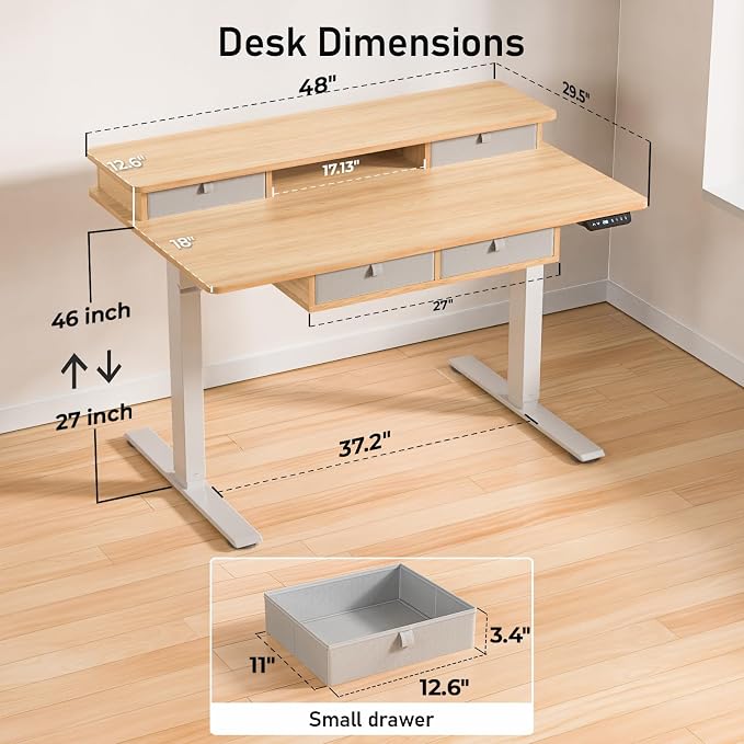 48 * 30 Inches Electric Standing Desk Adjustable Height with 4 Drawers, Double Storage Shelves Stand Up Desk, Home Office Workstation Sit Stand Desk (Nature)