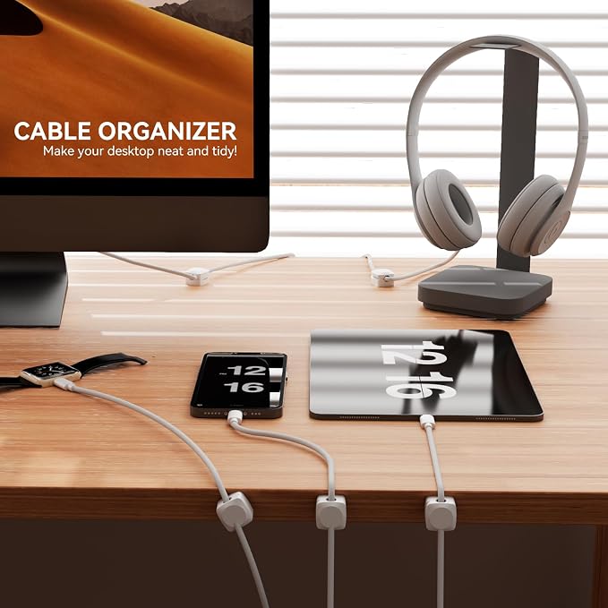 Daisyhome Rotatable Cord Organizer, Strong Adhesive Spring Cable Clips | Enhanced Cable Organizer Cord Clips, Desk Cord Holder for Nightstand, Office Accessories and Car (8*White)