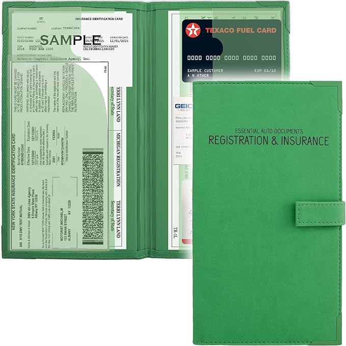 Auto Insurance and Registration Card Holder - Vehicle Glove Box Document Organizer - Car Essential Paperwork Holder for DMV, AAA, Contact Information Cards - Premium PU Leather Wallet Case - Green