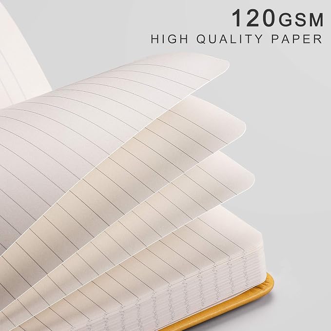 EMSHOI A5 College Ruled Notebook, 256 Numbered Pages 120GSM Ink-Proof Faux Leather Hardcover Lay-Flat Lined Journal for Work Office School Travel Writing, Small 5.75" x 8.38", Yellow