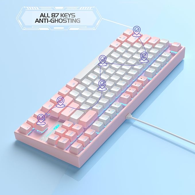 MageGee 75% Mechanical Gaming Keyboard, Red Switch, LED Blue Backlit, 87 Keys Compact TKL Wired Computer Keyboards for Windows Laptop PC Gamer - White/Pink
