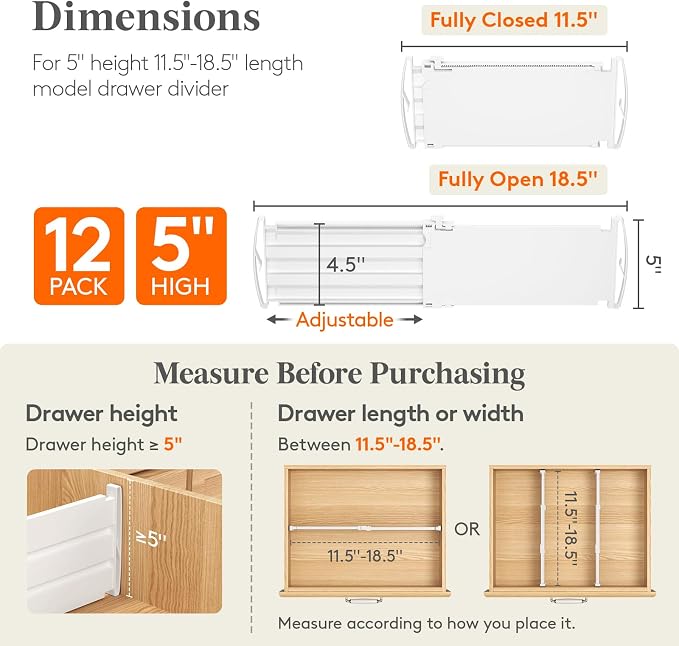 Lifewit 5" High 12 Pack Drawer Dividers, 11.5"-18.5" Adjustable Deep Drawer Organizer Clothes, Expandable White Plastic Separators for Dresser, Kitchen, Cabinet, Nursery, Office Organization & Storage