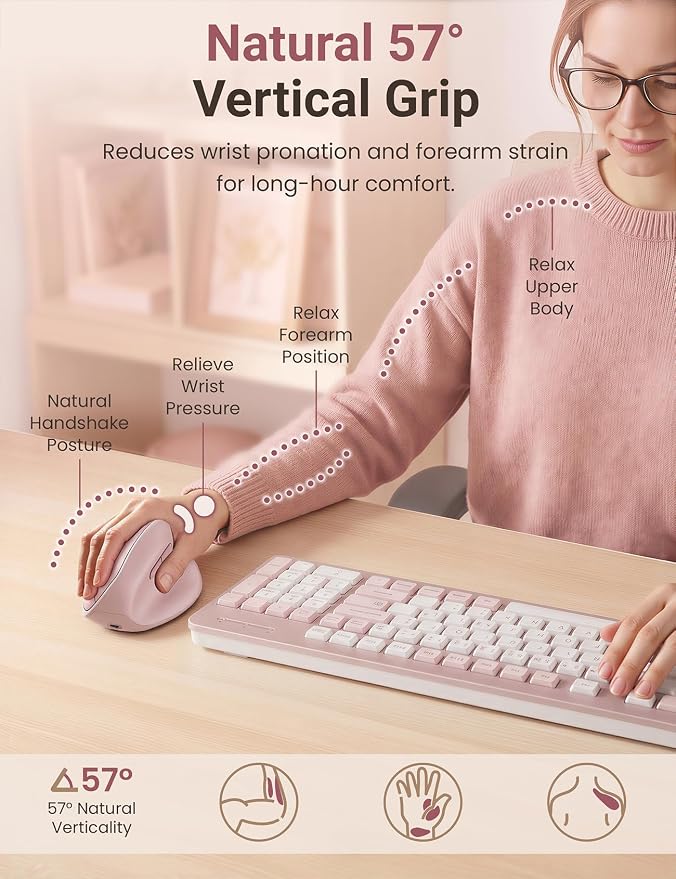 Ergonomic Vertical Wireless Mouse, 57°, Small/Medium Hands, Pink | Rechargeable, Quiet Click, 800/1200/1600 DPI, 2.4GHz USB Receiver, Forward/Back Buttons, Computer Mouse for Laptop PC Mac
