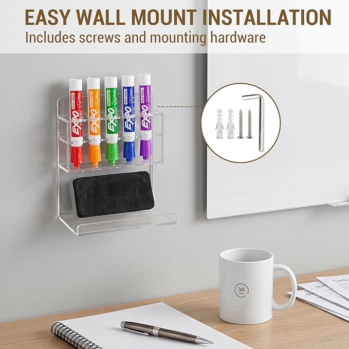 MyGift Wall Mounted Clear Acrylic Dry Erase Marker Holder Organizer for 5 Markers and Eraser, Hanging Whiteboard Accessories Rack for Office Home Dorm Classroom Meeting Room
