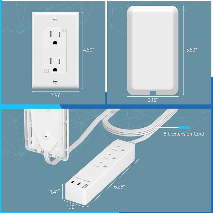 LIDER Outlet Extender with 3 Receptacles, 21W USB-A & 2 USB-C, Ultra-Thin Wall Plate Plug with Cord Extender, 3-Outlet Power Strip, Flat-Face, 3ft Cord, 1625W, ETL Listed, Matte White