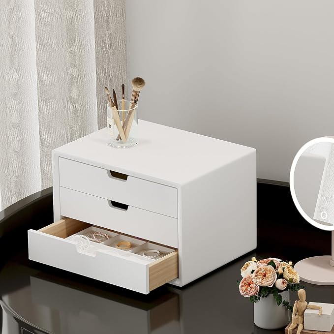 LitaEther Desk Organizer with 3 Drawers, ALEX Drawer Unit, Chic White Wood Cosmetic Makeup Organizer for Office Vanity Tabletop Storage 13.8"X 9"X10.2"