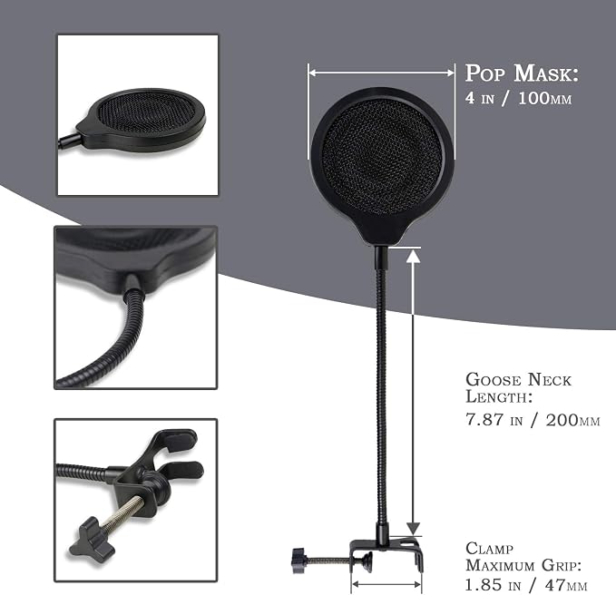YOUSHARES Pop Filter - 4 Inch 3 Layers Metal Windscreen with Flexible 360° Gooseneck Clip Mic Mask Shield Compatible with Shure MV7 Mic