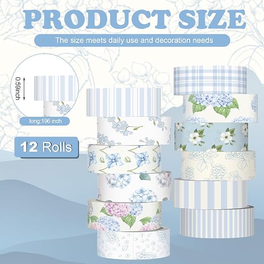 12 Rolls Watercolor Floral Washi Tape Set 15 mm Vintage Flower Decorative Masking Tape for Summer School Arts DIY Craft Scrapbook Journal Supplies Gifts(Light Blue,Hydrangea)