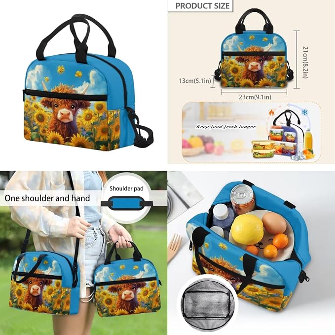 ZFRXIGN Highland Cow Kids Backpack for Boys Bookbag with Pendant 17inch Elementary School Girls Bag and Insulated Lunch Box Portable Pencil Case Blue Sunflower