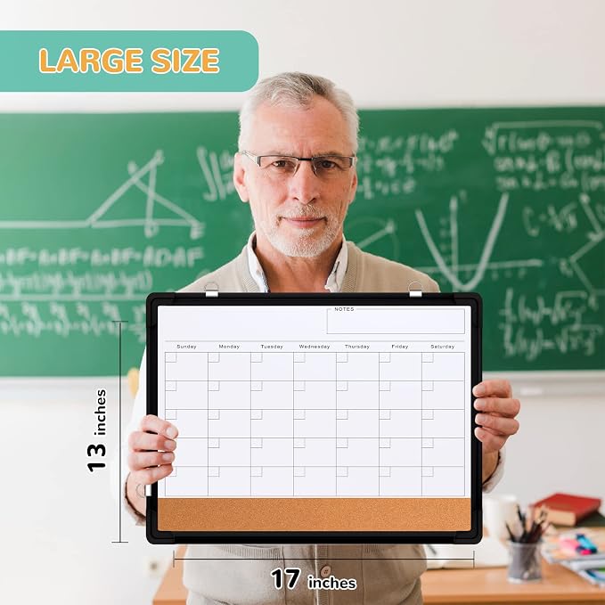 Monthly Calendar Whiteboard for Wall, 17x13 Inches Dry Erase Board with Cork Board Combo, Small Magnetic White Board, Double-Sided Hanging Portable Board for Office School Home Kitchen Planner, Black