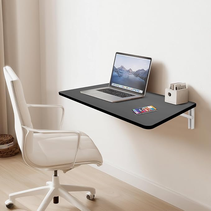 Black Wall Mounted Folding Table 31.5"x19.7" Fold Down Wooden Wall Desk for Small Spaces, Floating Table for Kitchen, Laundry, or Home Office, Heavy Duty Metal Brackets