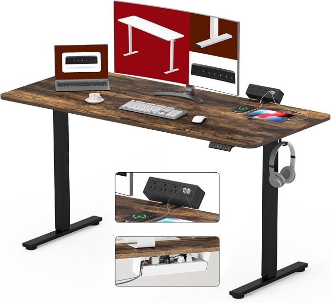 SANODESK Electric Standing Desk with Desk Clamp Power Strip 55"x 28" Whole-Piece Desktop Height Adjustable Stand Up Desk with Cable Management Sit Stand Home Office Desk Black Frame/Rustic Brown Top