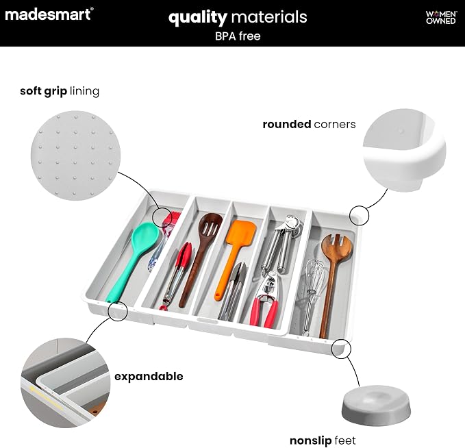 madesmart Classic Expandable Compartment Utensil Tray, White