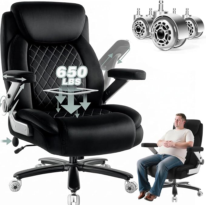 650LBS Big and Tall Office Chair with 5D Flip Arms and Thick Pocket Spring Cushion, Extra Wide Heavy Duty Office Chair & Adjustable Lumbar Support, Large High Back Computer Chair Dual Rubber Wheel