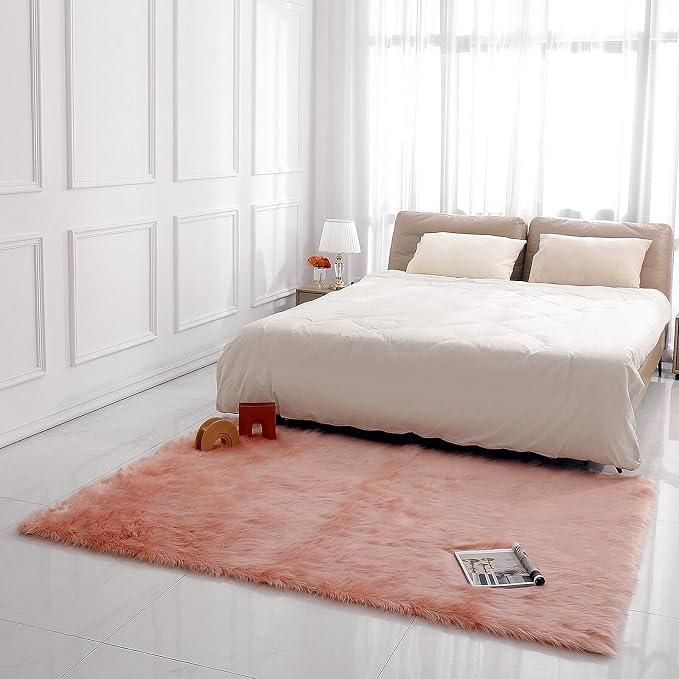 linmopm Faux Fur Rug Sheepskin Shag Fluffy Fuzzy 5x7 ft Pink Rugs for Bedroom Bedside Bed Floor Living Room Plush Rectangle High-Density Cushion Carpet Super Sofa Cover