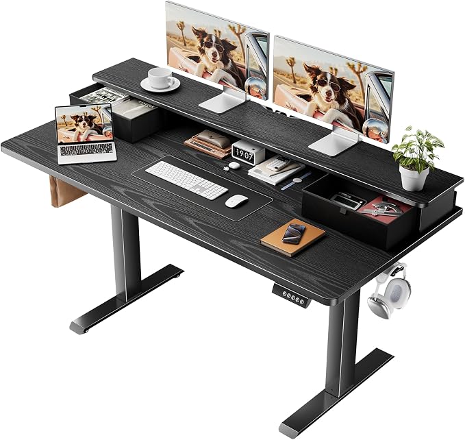 Veken 55x26 in Electric Standing Desk with Drawers, Adjustable Table, Black | Stand up Computer Desk for Home Office, Work & Study, with Storage, 3 Memory Presets, Cable Organizer, Hook, and Quiet Lift.