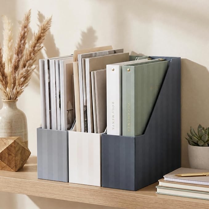 Beautiful Magazine Holder Set of 3 - Sturdy File Holder to Organize Your Desk or Shelves - The Perfect Office & Work Storage to Effortlessly Arrange Your Paperwork, Files, Magazines, Books or Binders