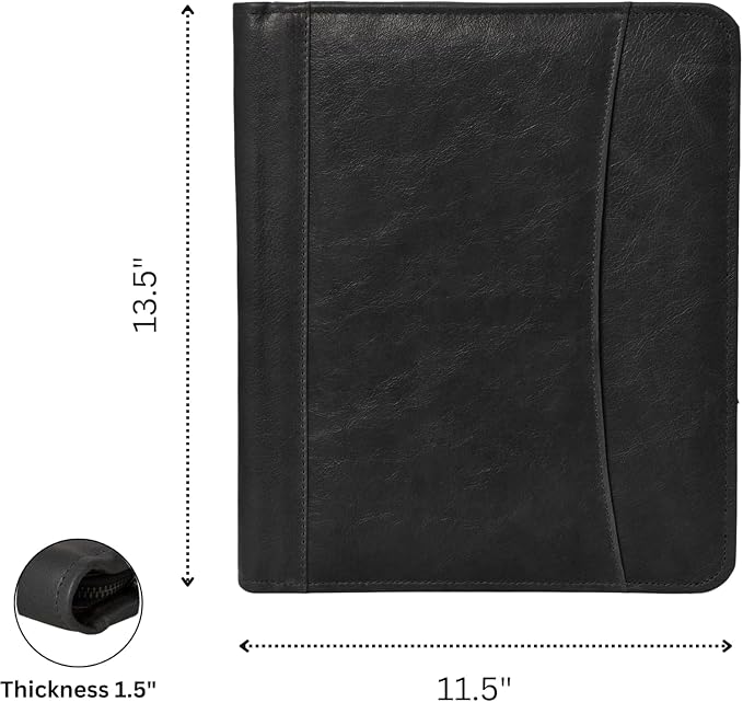 Genuine Leather Portfolio Organizer with Zipper for Men Women, Padfolio Business Resume A4/Pad, Folder Organizer, Legal Pad Holder with Card Slots, Zippered Padfolio for Business Documents, Black